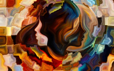 Colors of the Mind series. Backdrop of elements of human face and colorful abstract shapes to complement your design on the subject of mind reason thought emotion and spirituality
