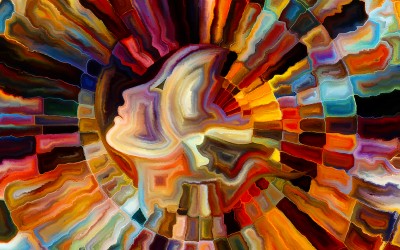 Colors of the Mind series. Visually attractive backdrop made of elements of human face and colorful abstract shapes suitable as element for layouts on mind reason thought emotion and spirituality